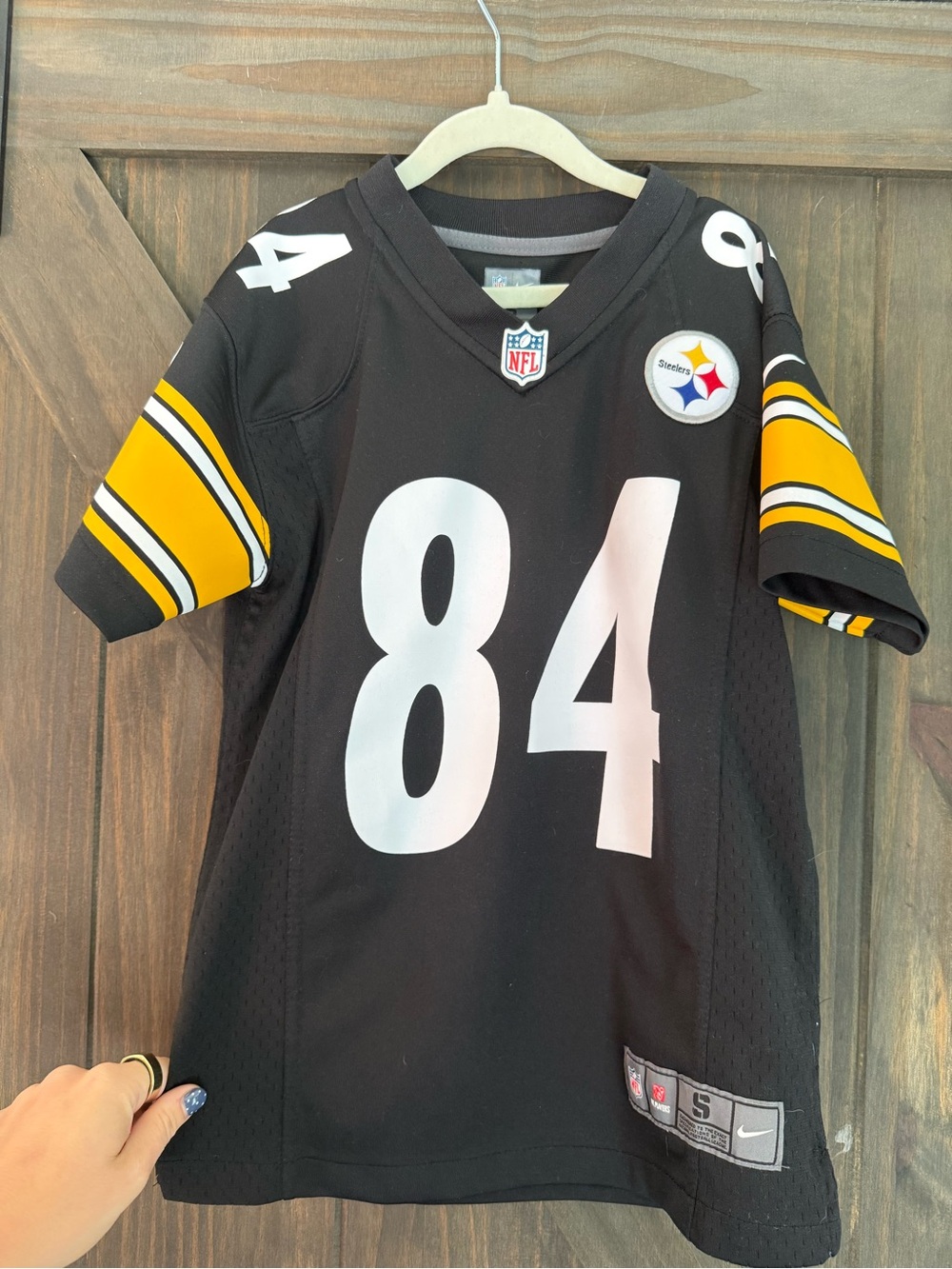 Nike Black Youth Steelers Jersey with White 84 and Yellow Sleeve Stripes